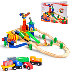 KOLEJKA DREWNIANA z dźwigiem 80el. pociąg auta TOR